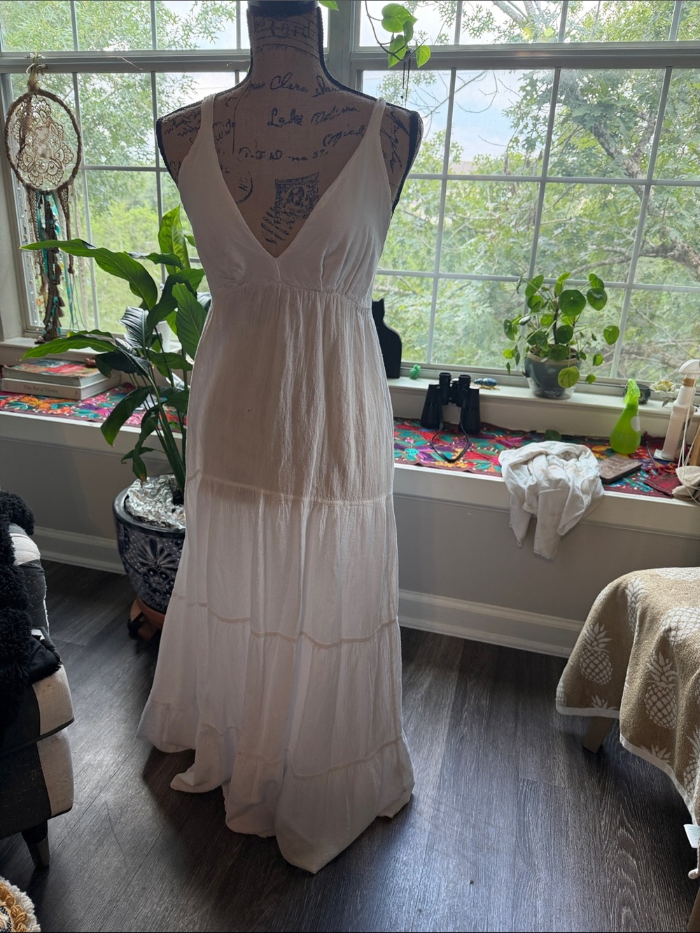 Tiered V-Neck White Maxi Dress